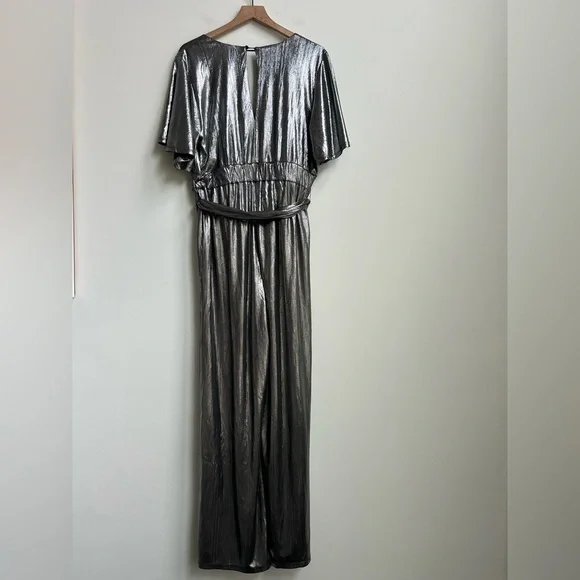Refinery29 x ELOQUII disco hipster Party Silver Metallic V-Neck Jumpsuit R29 14 - Picture 13 of 16
